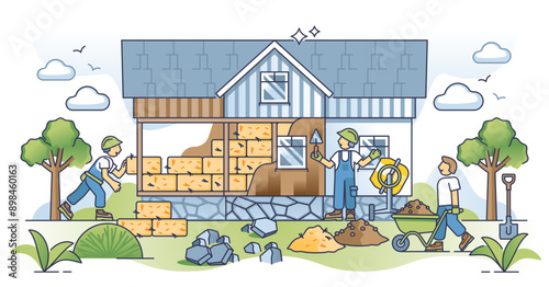 Natural building techniques to build sustainable house outline concept, transparent background. Construction site with green and nature friendly materials for insulation and facade illustration.
