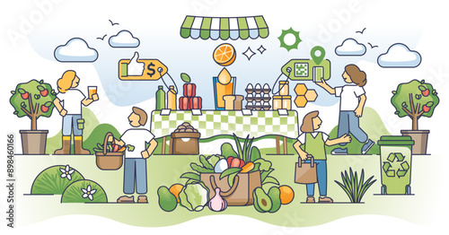 Organic marketplace and local farmer food products market outline concept, transparent background. Buy grocery from sustainable and environmental farms illustration.