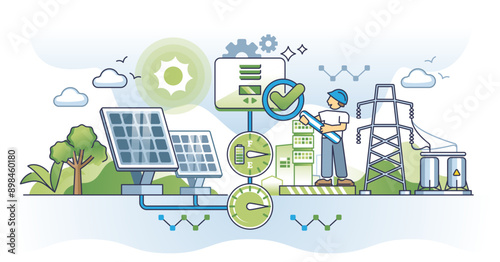 Solar energy charge controllers and power management system outline concept, transparent background. PMS for sun panels to check electricity battery level illustration.