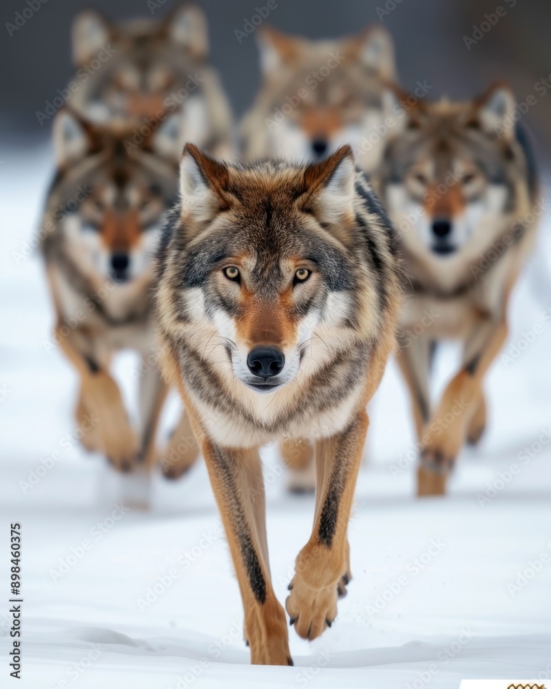 Majestic Wolf Pack Running Through Snow Majestic Wolf Pack Running Through Snow