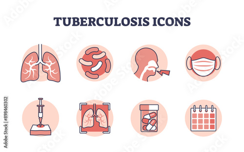 Tuberculosis icons with simple TB lung bacterial infection outline elements, transparent background. Respiratory condition and lung disease checkup, inflammation diagnosis, treatment.