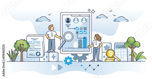 Vendor management process as work with partners and suppliers outline concept, transparent background. Supply chain control, price negotiation and agreement strategy illustration.