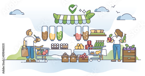 Zero waste grocery store with reduced products packaging outline concept, transparent background.Say no to plastic pollution and use organic lifestyle shops illustration.