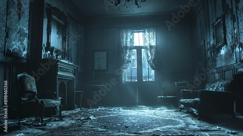 Eerie Victorian Haunted House Interior with Old Furniture and Spooky Atmosphere for Copy Space