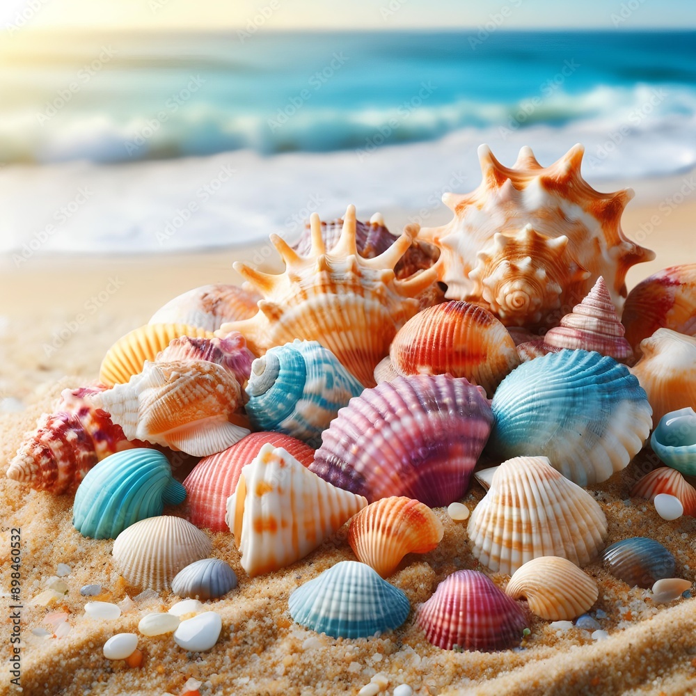 Colored seashells on sandy beach close-up. Colored seashells on sandy beach close-up.