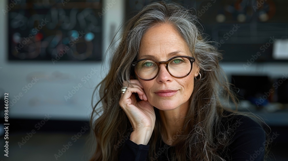 A thoughtful and reflective woman with long, gray hair and glasses is seated, resting her hand on her cheek, while engaged in a contemplative moment in a modern interior setting A thoughtful and reflective woman with long, gray hair and glasses is seated, resting her hand on her cheek, while engaged in a contemplative moment in a modern interior setting