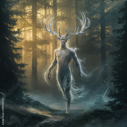 A surreal depiction of a mystical Windigo forest deity with deer antlers, emerging in a foggy forest at dawn. Perfect for fantasy art enthusiasts, book covers, or spiritual artwork collections. photo