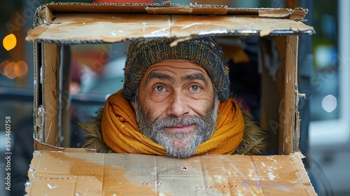 An elderly man with a bushy beard wearing a knit hat looks upward while being framed by a worn cardboard box, his eyes reflecting wisdom and experience. photo