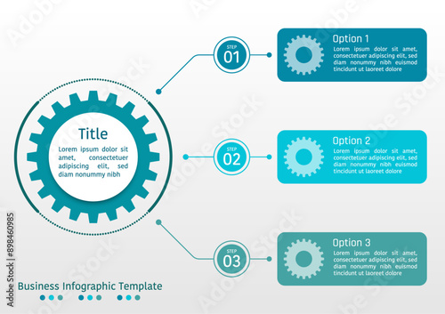 3 options business infographic template, large cog on the left with 3 small banner for description