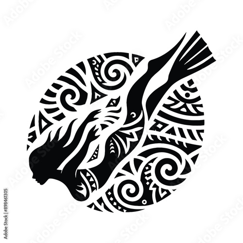 Diving, scuba female player in ethnic polynesia pattern illustration, emblem shield badge