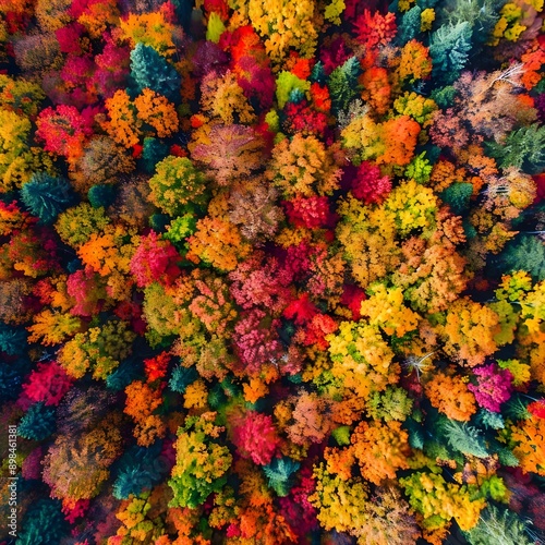 Aerial view of a colorful autumn forest with vibrant fall foliage.