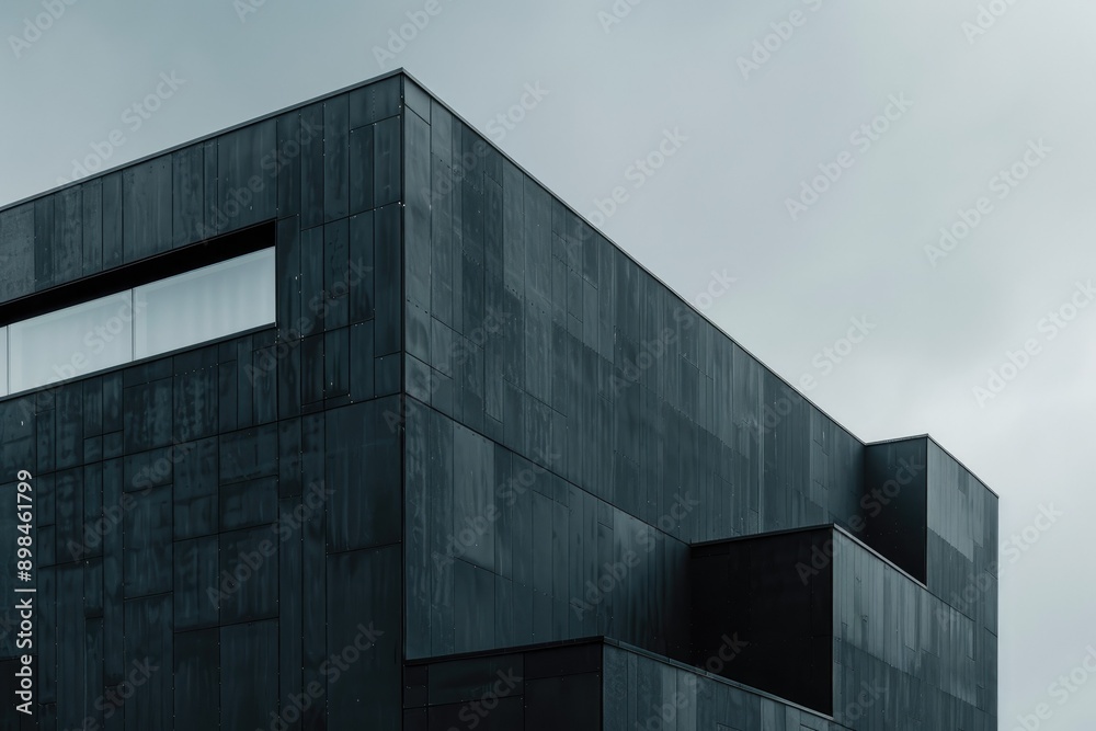 A photograph of a contemporary black building with sharp lines and minimalist design, exuding modern elegance