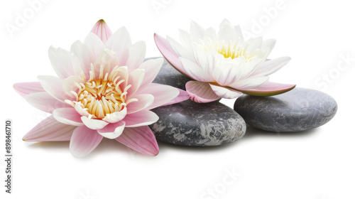 Composition of water lily with stones on transparent background