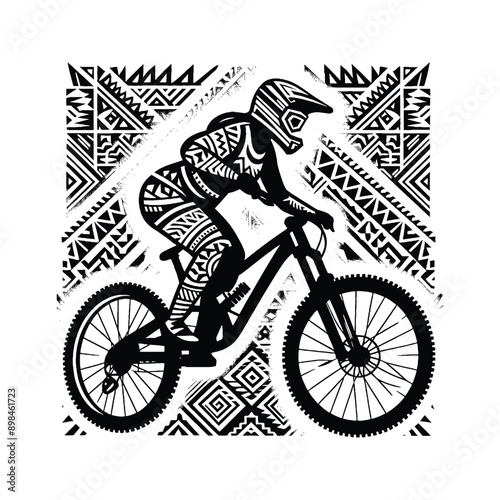 downhill Cycling  female player in ethnic polynesia pattern illustration, emblem shield badge