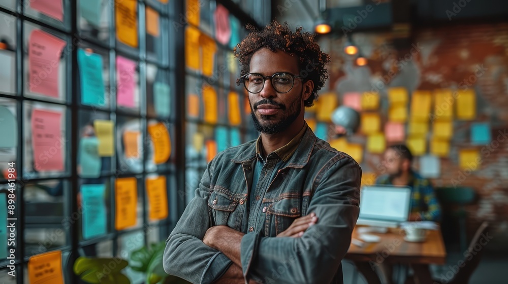 A confident man with curly hair and glasses stands with arms crossed in a colorful and creative workspace filled with sticky notes, exuding a sense of determination. A confident man with curly hair and glasses stands with arms crossed in a colorful and creative workspace filled with sticky notes, exuding a sense of determination.