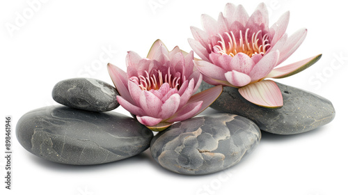 Composition of water lily with stones on transparent background