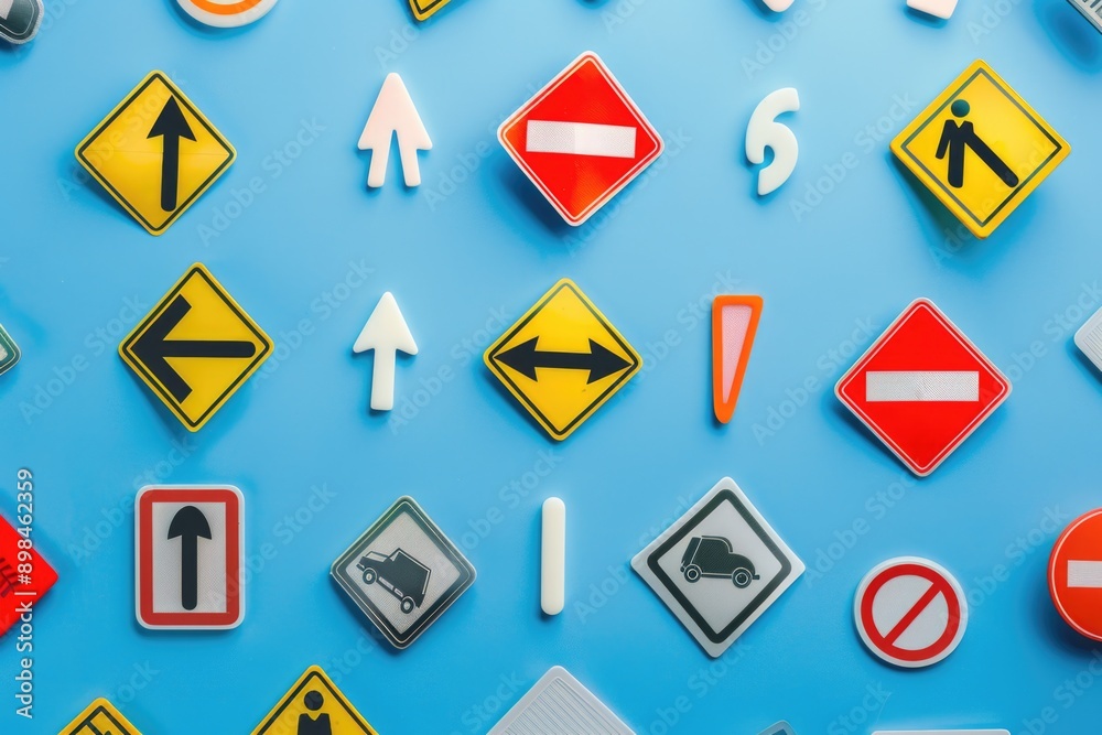 photo of various traffic signs on light blue background photo of various traffic signs on light blue background