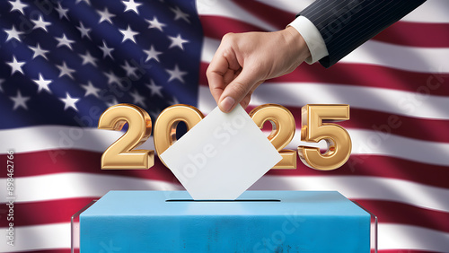 Hand holding ballot in voting ballot box with word 2025 3D gold on USA flag. Vote election day in United States of America. Man putting vote into ballot box against national flag of United States.