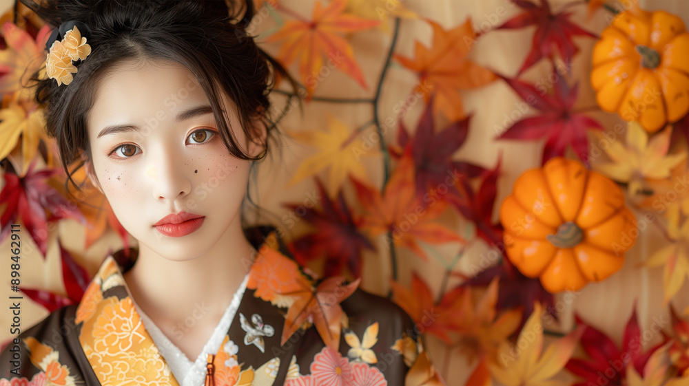 和風ハロウィンコスチュームの日本人女性 和風ハロウィンコスチュームの日本人女性