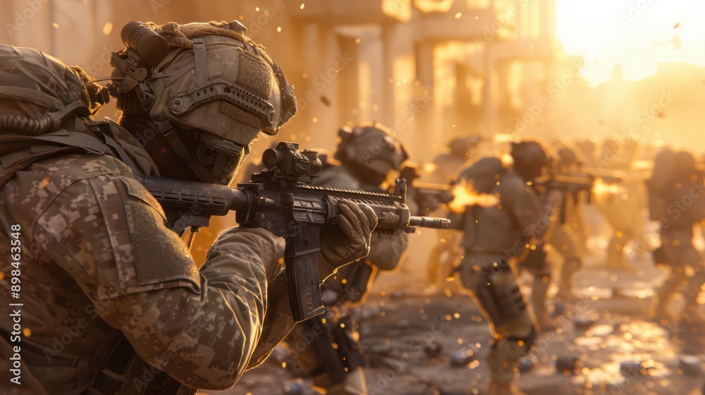 Fototapeta premium Military Troops in Combat Gear Engage in Intense Firefight During Urban Warfare Operation, High-Resolution Stock Photo