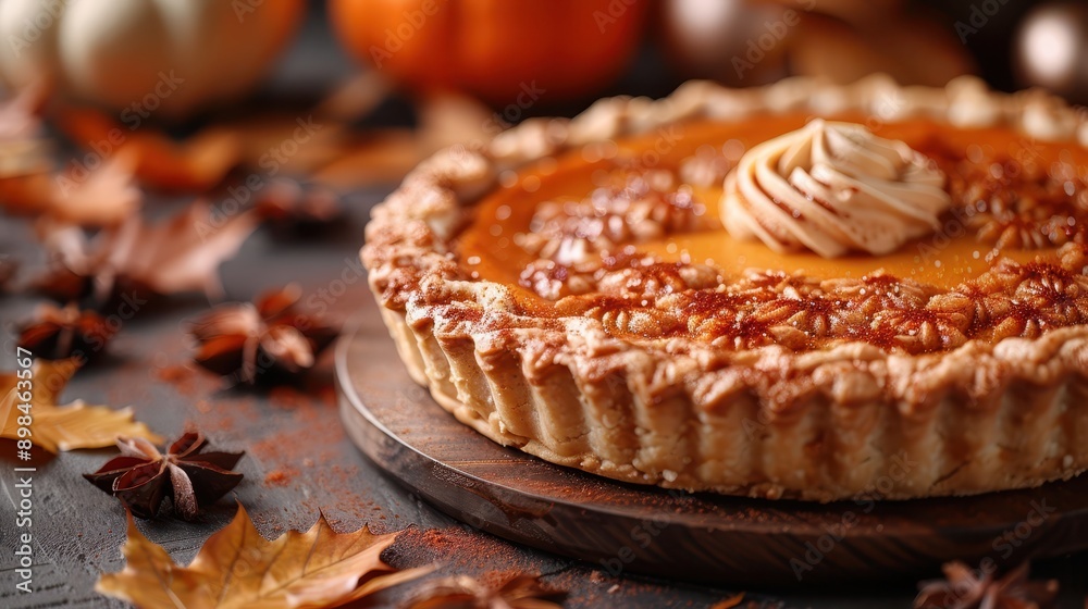 Delicious Thanksgiving Pumpkin Pie with Autumn Decorations Delicious Thanksgiving Pumpkin Pie with Autumn Decorations