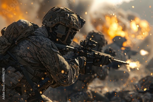 Soldiers in Combat Gear Engage in Intense Firefight During Military Operation, Dramatic Battlefield Scene with Explosions and Smoke Armed Forces, Military Personnel, Infantrymen, Combat, Warfare