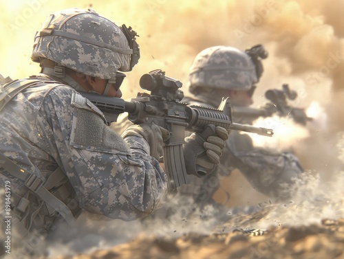 US Army Soldiers in Combat Firing Weapons in a Dusty Battlefield, Military Training and Operations photo