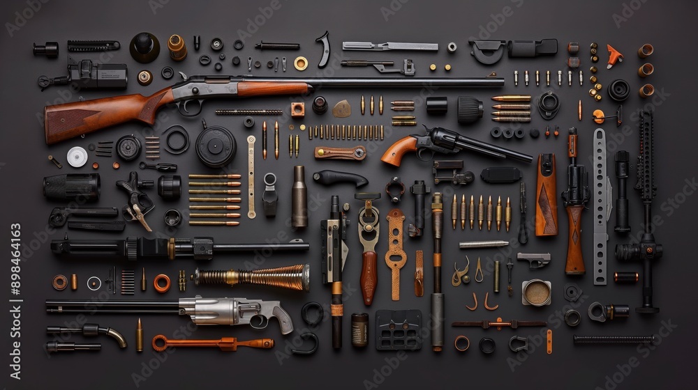 A detailed top view of various firearm components and ammunition laid out on a dark surface in an organized manner. A detailed top view of various firearm components and ammunition laid out on a dark surface in an organized manner.