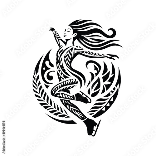 figure skating female player in ethnic polynesia pattern illustration, emblem shield badge