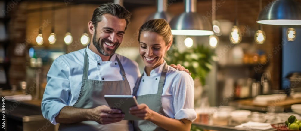 Chefs Collaborating on a Tablet in a Kitchen Chefs Collaborating on a Tablet in a Kitchen