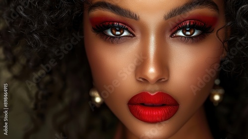 Stunning close-up portrait of a woman wearing vibrant red makeup, with intricate eye shadow and lipstick, showcasing flawless skin and a captivating gaze