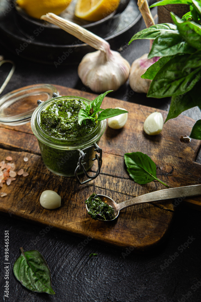 Green basil pesto sauce in a glass jar on the table Green basil pesto sauce in a glass jar on the table