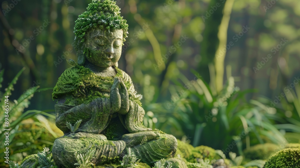 A realistic and serene image of a moss-covered Buddha statue, captured in a photorealistic and detailed style A realistic and serene image of a moss-covered Buddha statue, captured in a photorealistic and detailed style