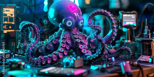 Neoninfused robotic octopus with cybernetic tentacles, surrounded by tech gadgets, 3D render photo