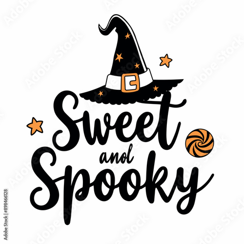Halloween label with witch hat and candy