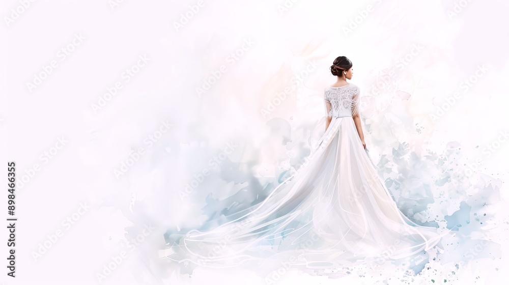 Asian bride wearing a flowing white wedding dress in a dreamy pastel background. Concept of bridal fashion, wedding day, romance, elegance. Watercolor art. Copy space Asian bride wearing a flowing white wedding dress in a dreamy pastel background. Concept of bridal fashion, wedding day, romance, elegance. Watercolor art. Copy space