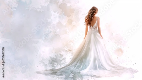 Beautiful bride wearing a flowing white wedding dress in a dreamy pastel background. Concept of bridal fashion, wedding day, romance, elegance. Watercolor art. Copy space