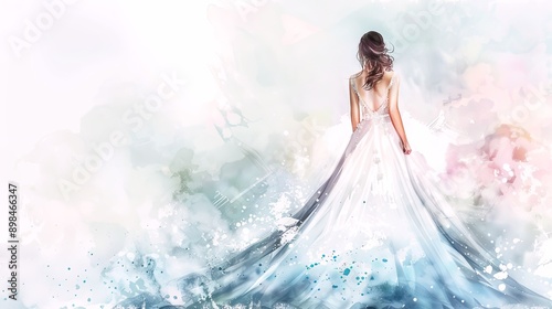 Watercolor art of a Caucasian bride in a flowing wedding dress on an abstract background. Concept of marriage, bridal gown, wedding ceremony, romantic illustration. Copy space © Jafree