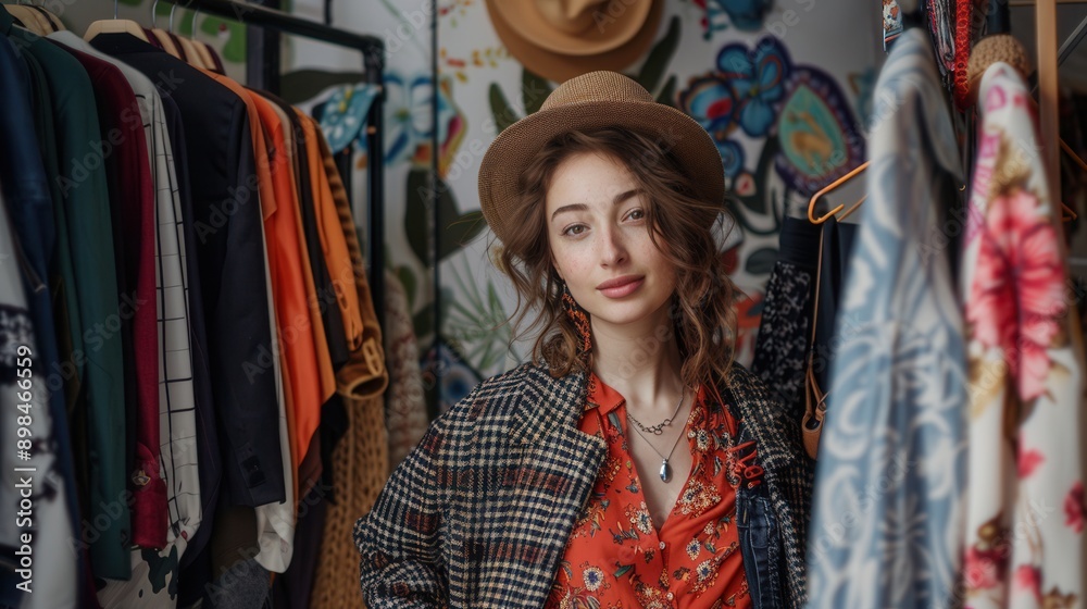 A woman wearing a hat, a patterned coat, and a red floral blouse stands in front of a clothing rack full of colorful garments. Generative AI A woman wearing a hat, a patterned coat, and a red floral blouse stands in front of a clothing rack full of colorful garments. Generative AI