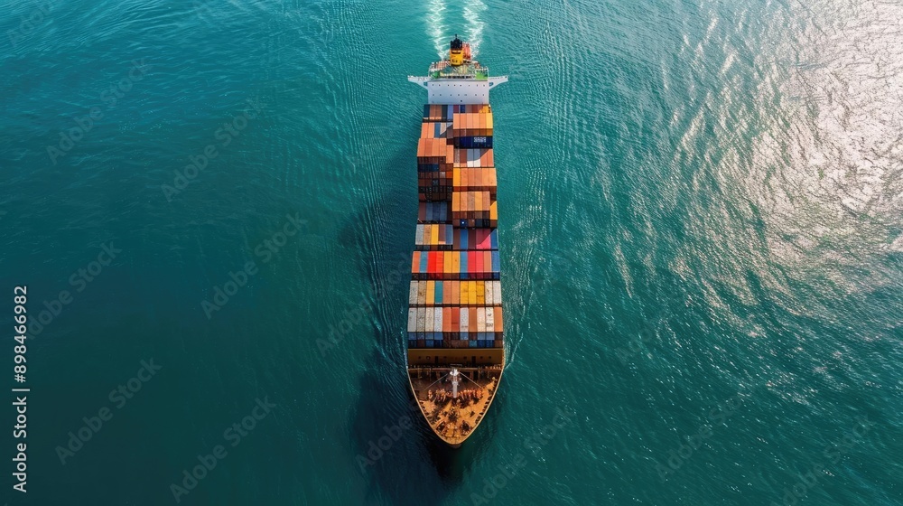 Aerial top view of a cargo ship with a distinct contrail in calm ocean waters, Cargo Ship, Ocean, Logistics Aerial top view of a cargo ship with a distinct contrail in calm ocean waters, Cargo Ship, Ocean, Logistics