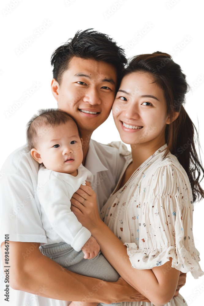 Happy Asian family with a baby alone against transparent background Happy Asian family with a baby alone against transparent background