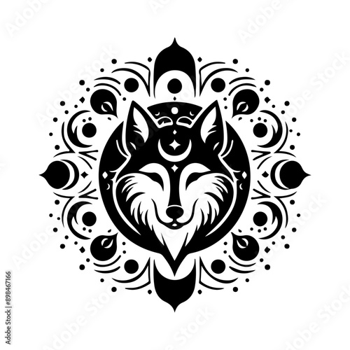 Mystical wolf, magical wolf, Magic Celestial Silhouette Tattoo design.