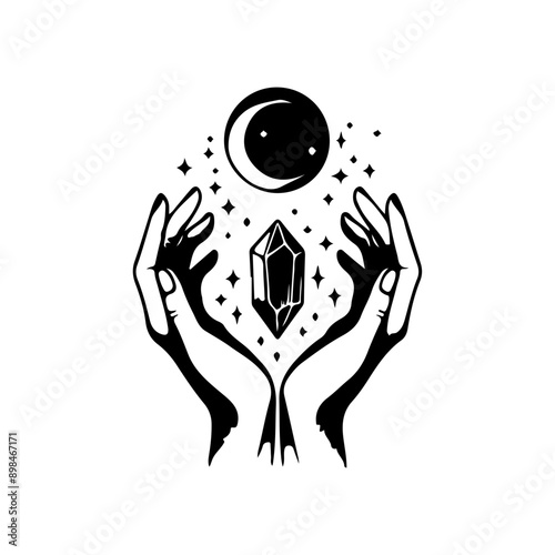 Magic crystal gem with crescent moon and stars in witch hands of fortune teller line art and dot work. Boho chic tattoo, poster or altar veil print design vector illustration