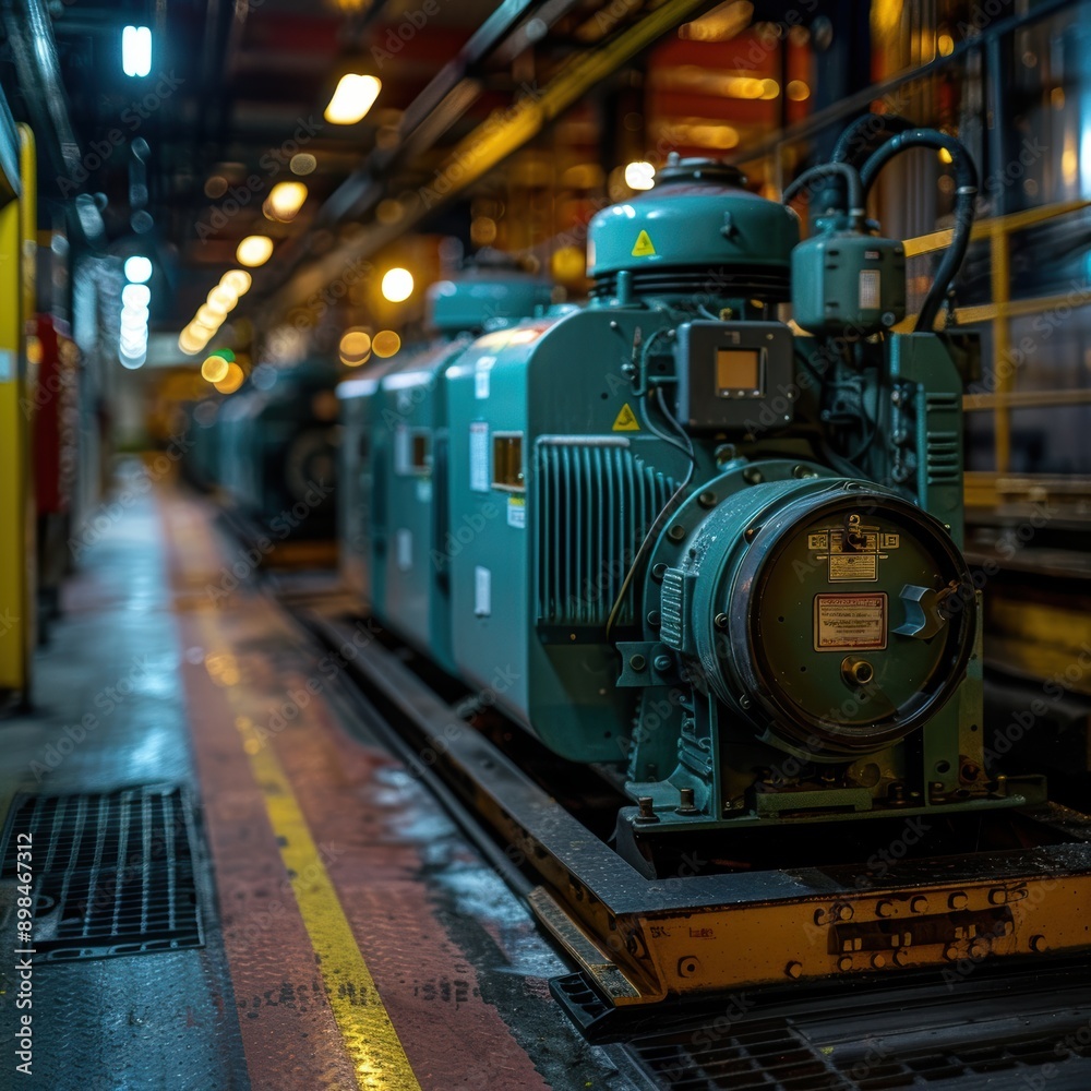 A dimly lit industrial setting showcasing large, green machinery lined up along an indoor pathway, exemplifying components essential to manufacturing processes A dimly lit industrial setting showcasing large, green machinery lined up along an indoor pathway, exemplifying components essential to manufacturing processes