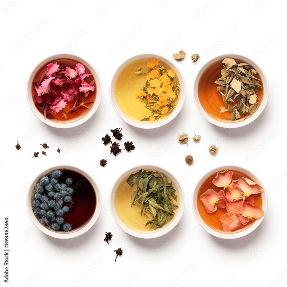 Set of cups with tea and useful plants on a white background. Health, diet, care. Set of cups with tea and useful plants on a white background. Health, diet, care.