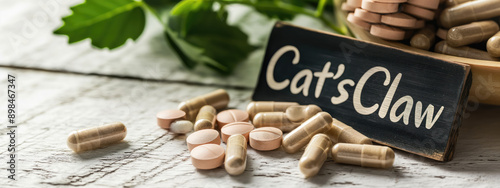 Cat's claw and supplement capsules. Selective focus. photo