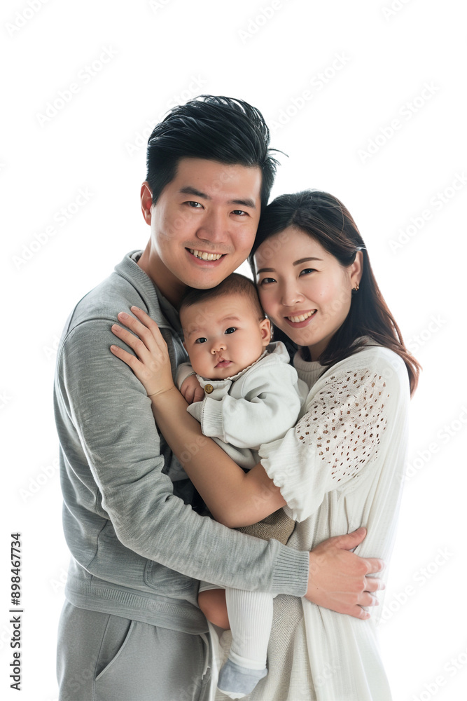 Happy Asian family with a baby alone against transparent background Happy Asian family with a baby alone against transparent background