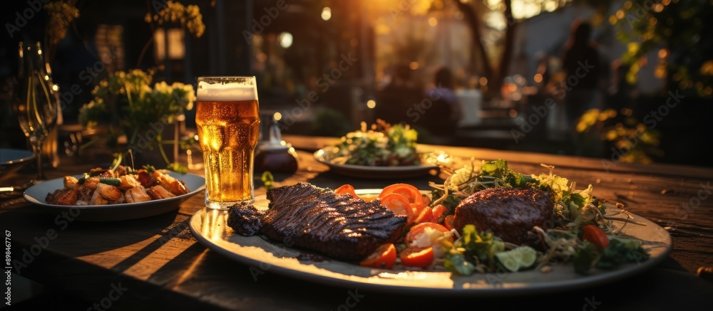 eating and drinking beers at barbecue dinner on sunset time
