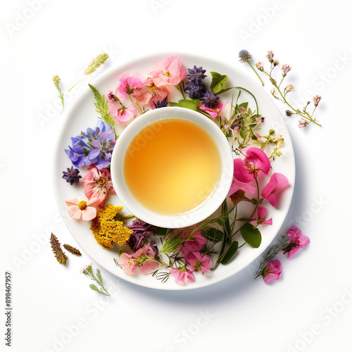 Cup of tea and flowers of useful plants on a white table. Health, treatment, care.