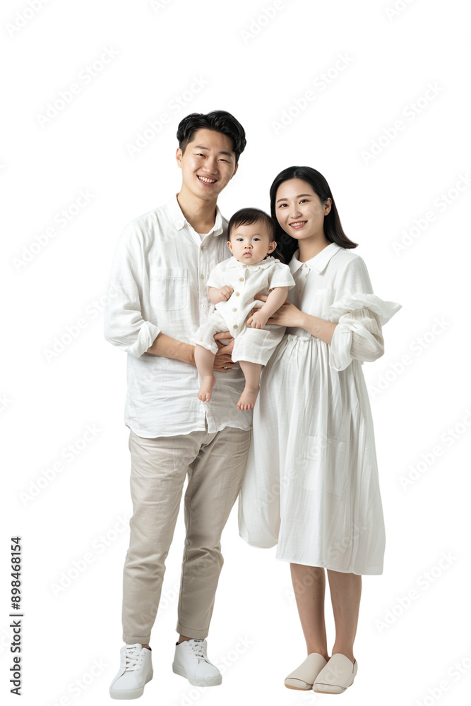 Happy Asian family with a baby alone against transparent background Happy Asian family with a baby alone against transparent background